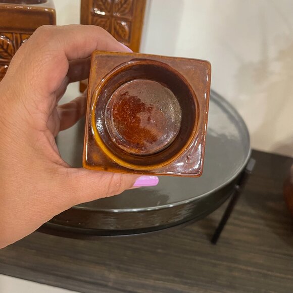 Brown Ceramic Staggered Column Candleholders with Leaf Design (Set of 3) - Picture 4 of 8